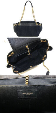 Saint Laurent Nolita Raffia Leather Shoulder Chain Bag Black Strap Handbag Black